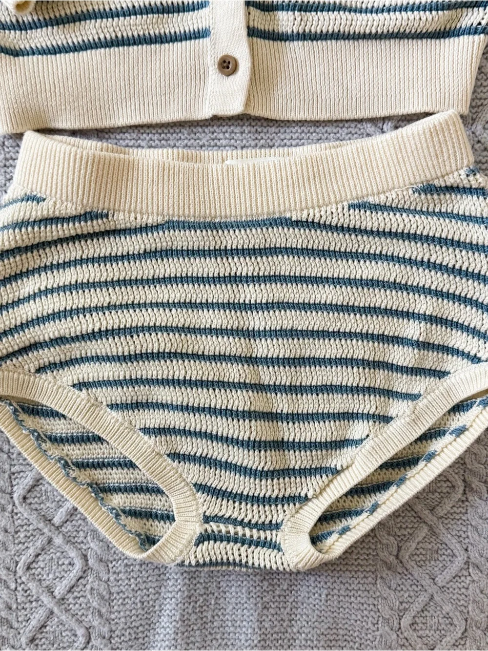 Cream and Blue Striped Ruffle Collar Knit Cardigan + Bloomers Matching Set 24M